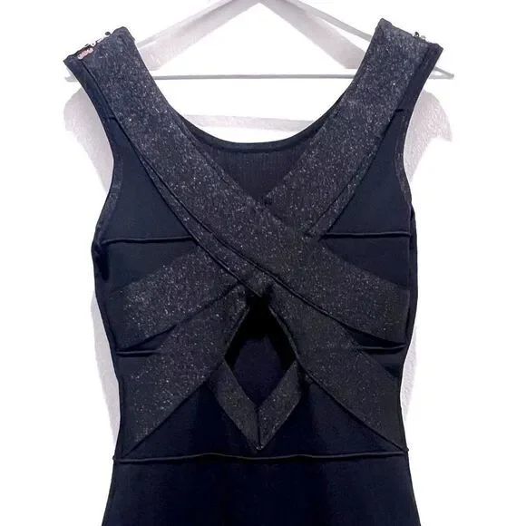 Y2K 2b Bebe Black Metallic Gold Sequin Bandage Sleeveless Cutout Back Slip - Picture 11 of 14